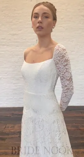 A-Line long Sleeves Square Neck Lace Wedding Dress With Cover Back