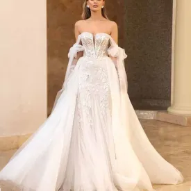 A-Line Princess Off-the-Shoulder Sweep Train Tulle Wedding Dresses