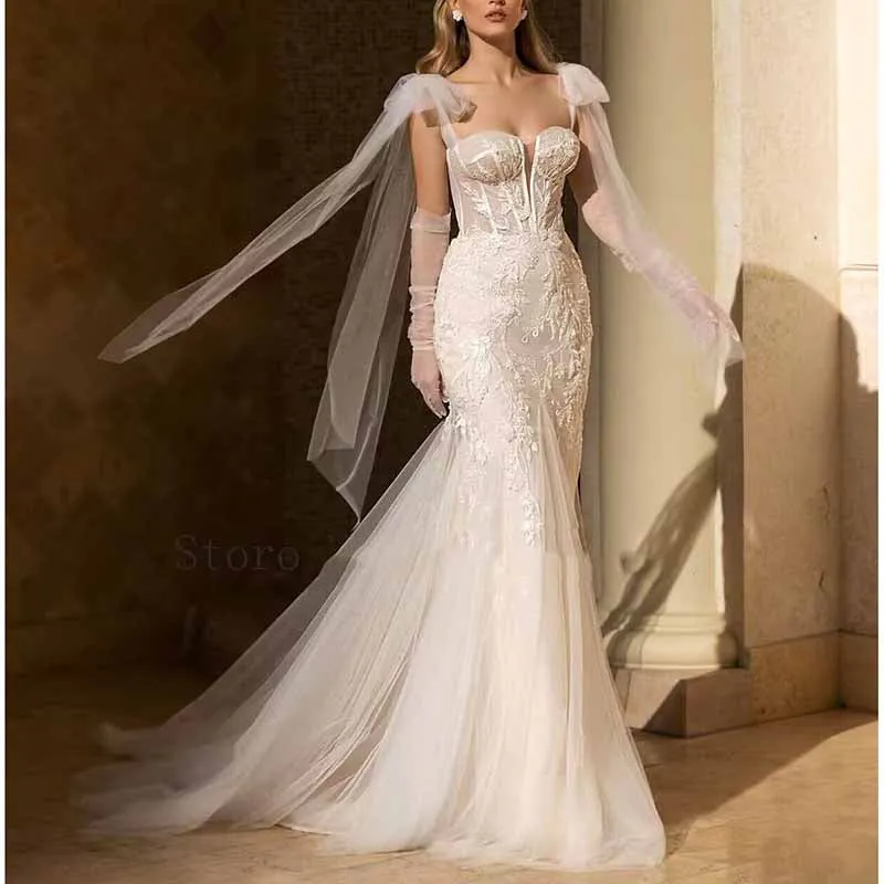 A-Line Princess Off-the-Shoulder Sweep Train Tulle Wedding Dresses