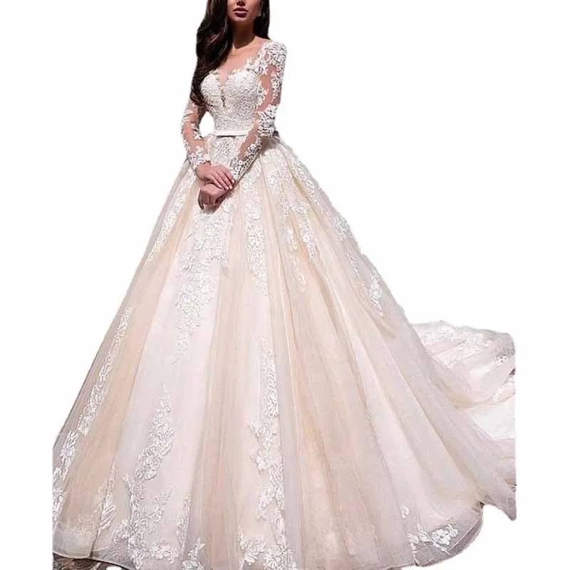 Appliqued Lace A-line Princess Scoop Neck Long Sleeve Sweep Train Fall Tulle Wedding Dress