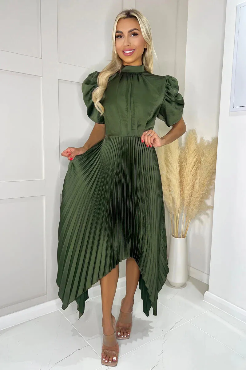 AX PARIS OLIVE HIGH NECK PUFF SLEEVE ZIG ZAG HEM PLEATED MIDI DRESS