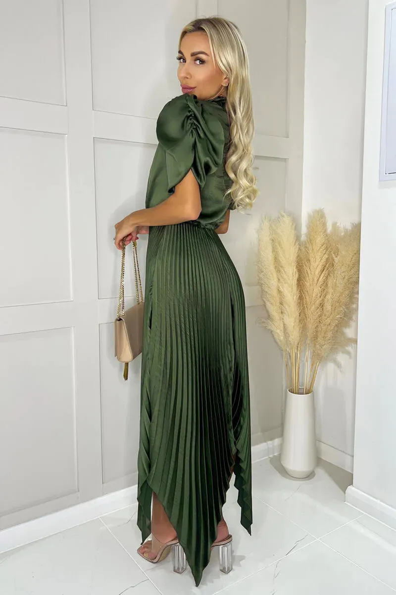 AX PARIS OLIVE HIGH NECK PUFF SLEEVE ZIG ZAG HEM PLEATED MIDI DRESS