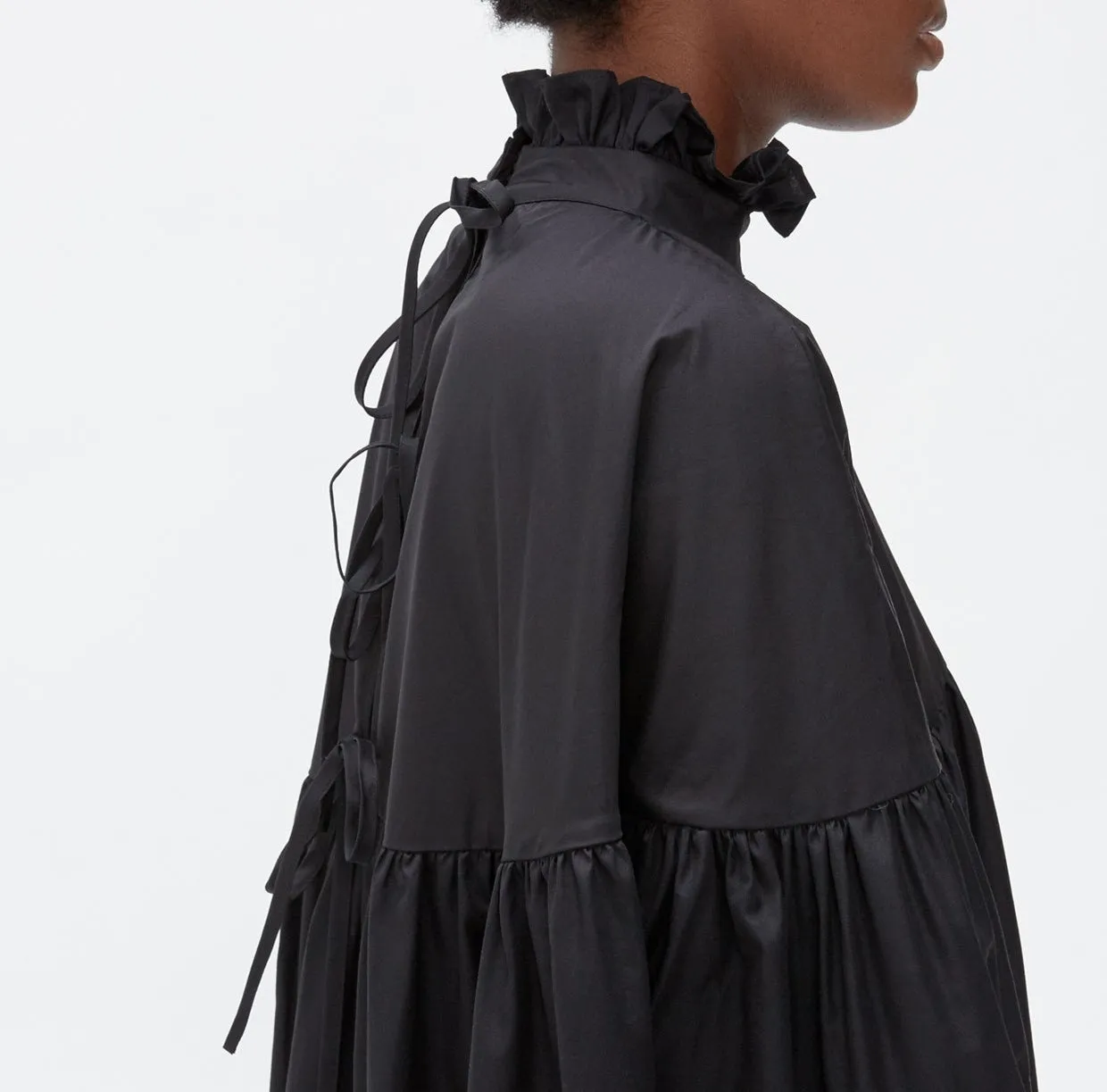 Balloon Sleeve Gathered Funnel Neckline Pleated Sleeves and Skirt Poplin Dress