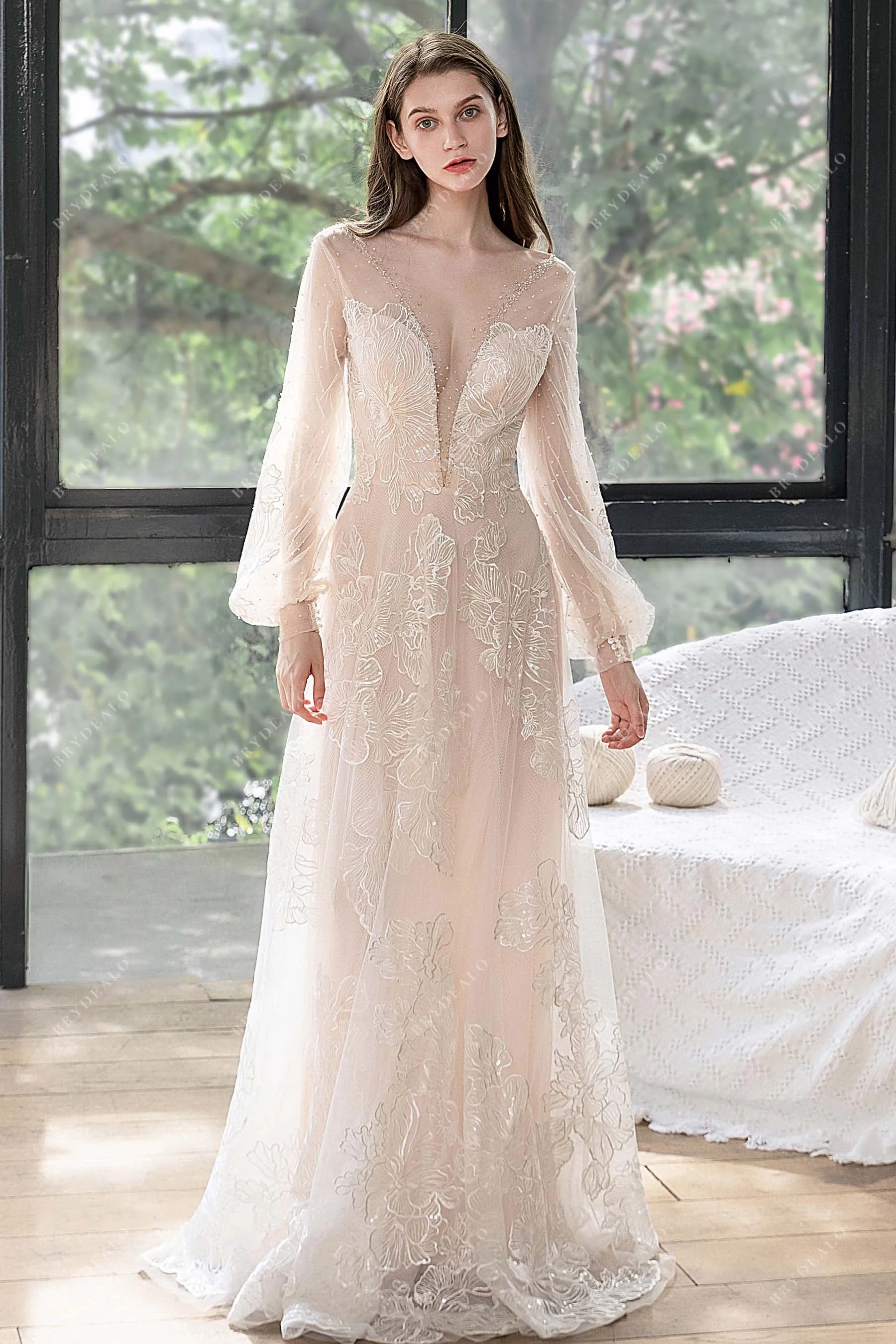 Beaded Plunging Bishop Sleeve Beach Bridal Dress