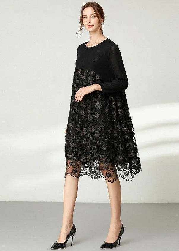 Beautiful Black Lace Patchwork Fall Dress Long Sleeve