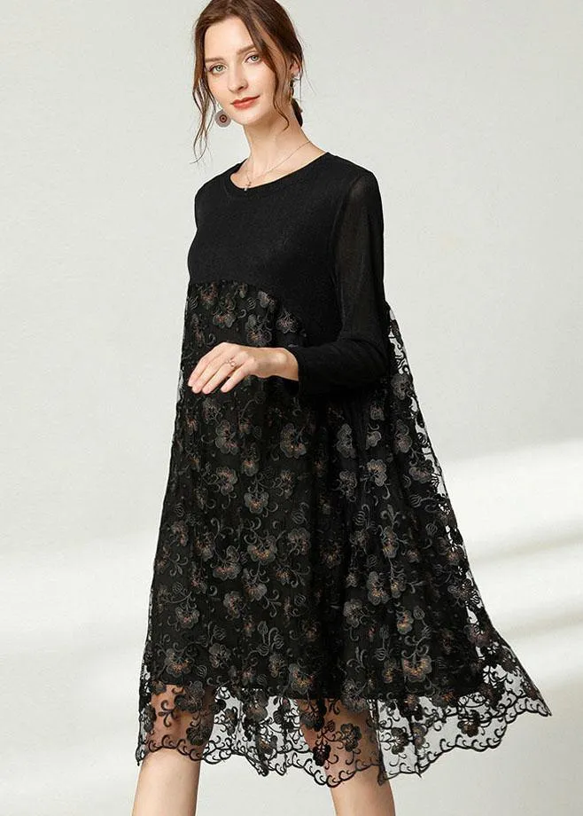 Beautiful Black Lace Patchwork Fall Dress Long Sleeve