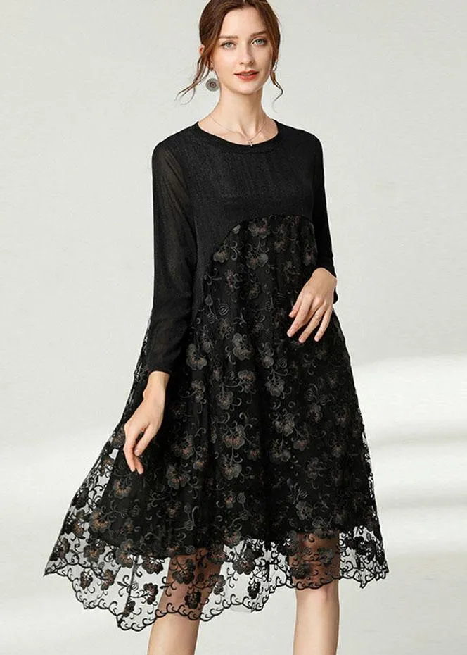 Beautiful Black Lace Patchwork Fall Dress Long Sleeve