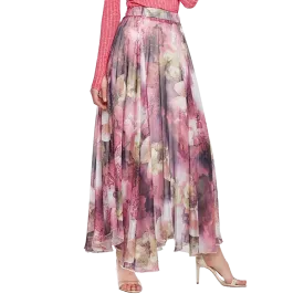 Beige Purple Floral Pleated Maxi Skirt