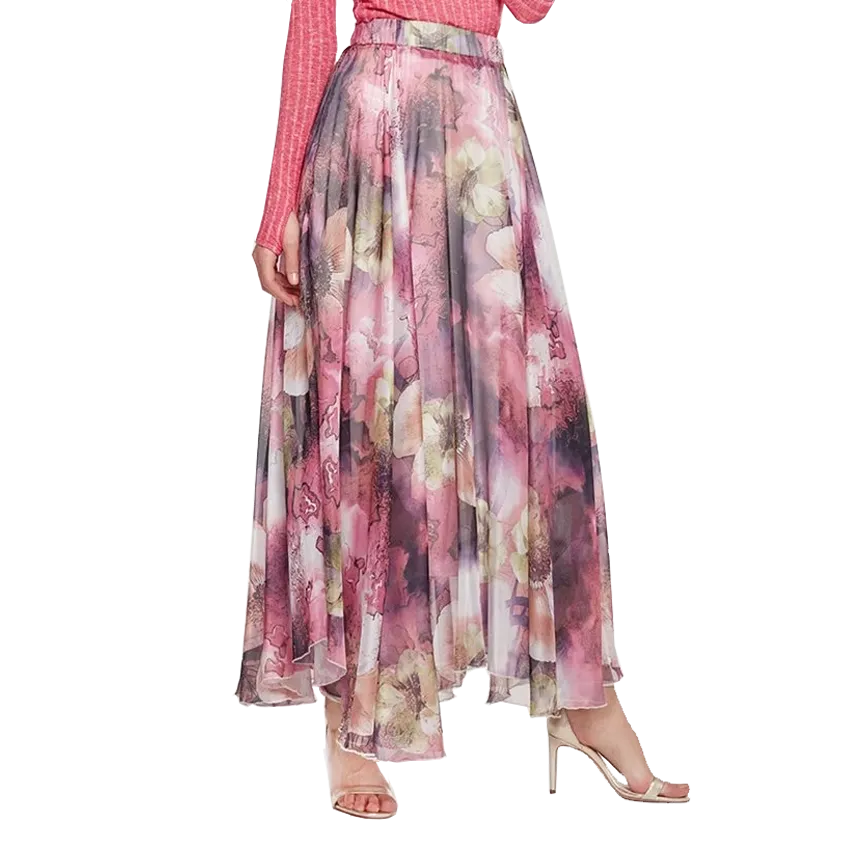 Beige Purple Floral Pleated Maxi Skirt