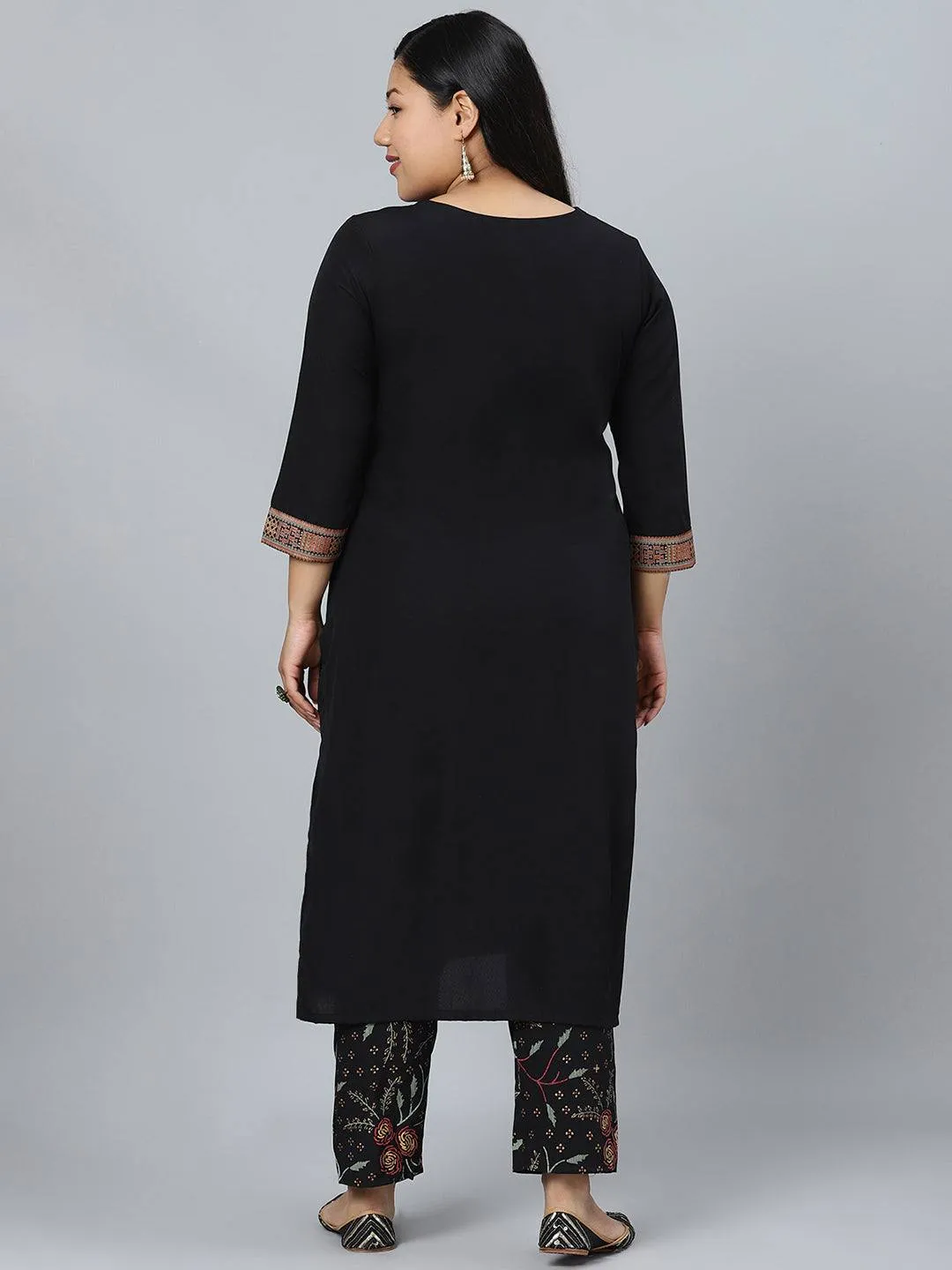 Black Crepe Foil Print Kurta with Panelled Detailing with Palazzo Pants