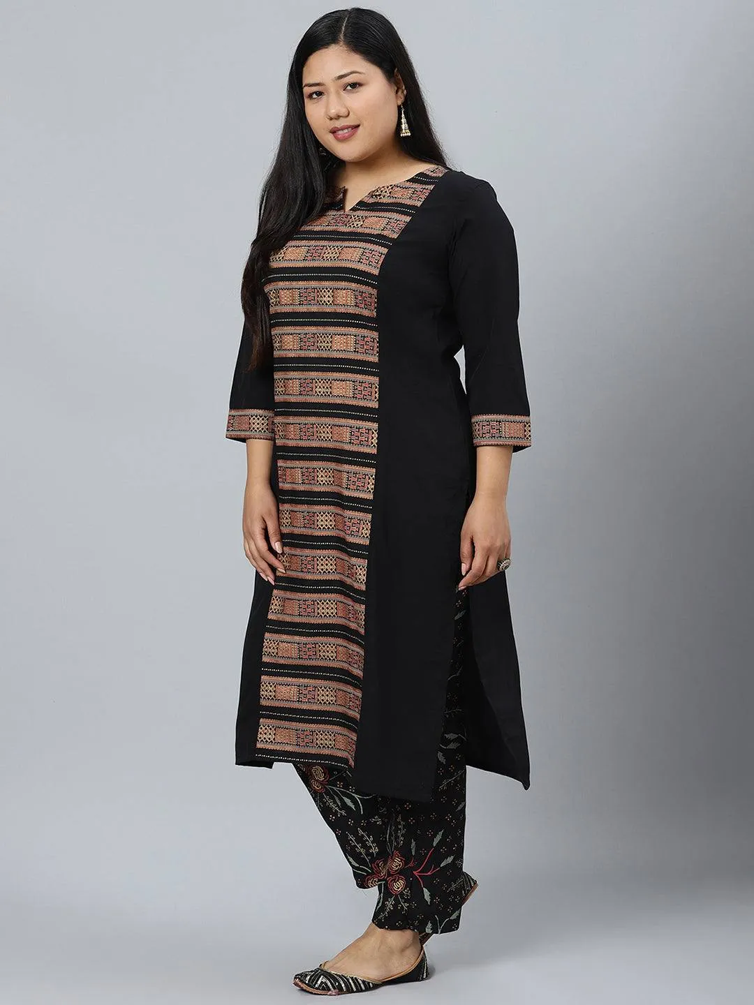 Black Crepe Foil Print Kurta with Panelled Detailing with Palazzo Pants