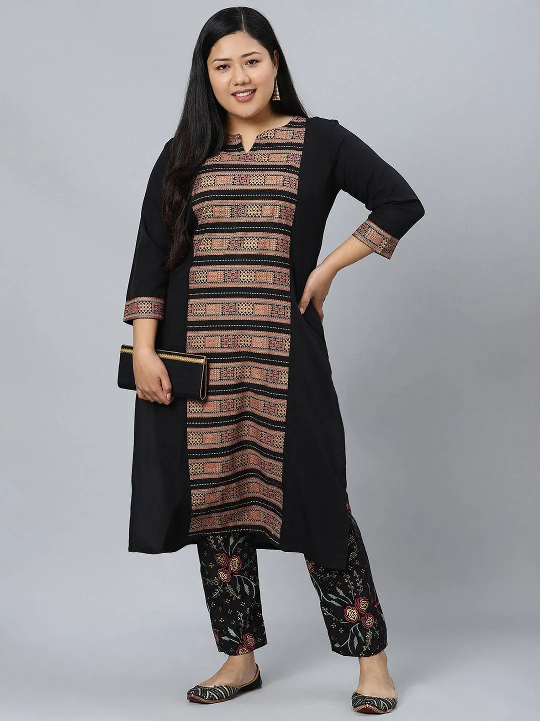 Black Crepe Foil Print Kurta with Panelled Detailing with Palazzo Pants