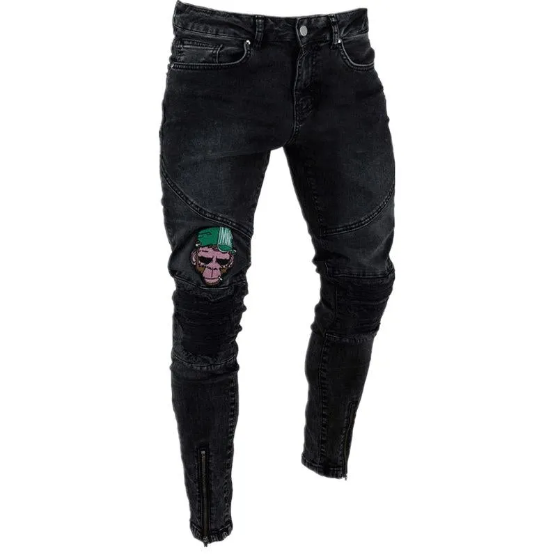 Black Embroidered Skinny Ankle Zipper Jeans