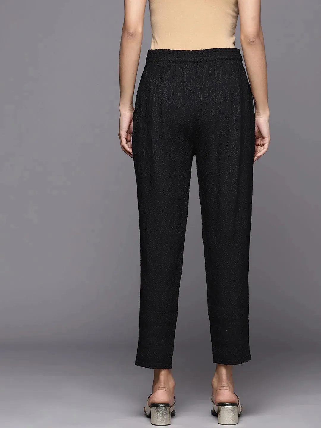 Black Embroidered Viscose Rayon Trousers