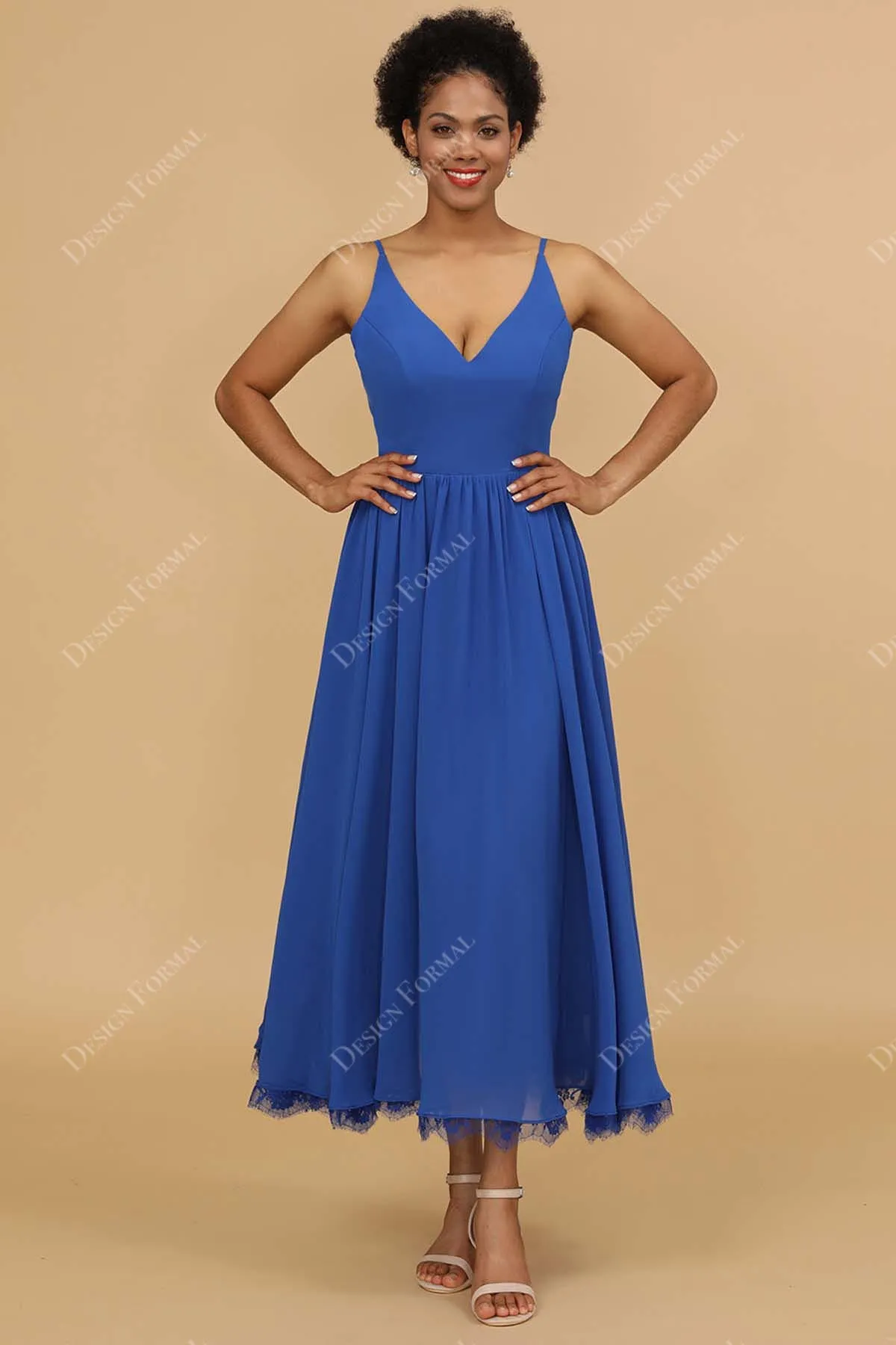 Blue V-neck Ankle Length Chiffon Custom Formal Dress