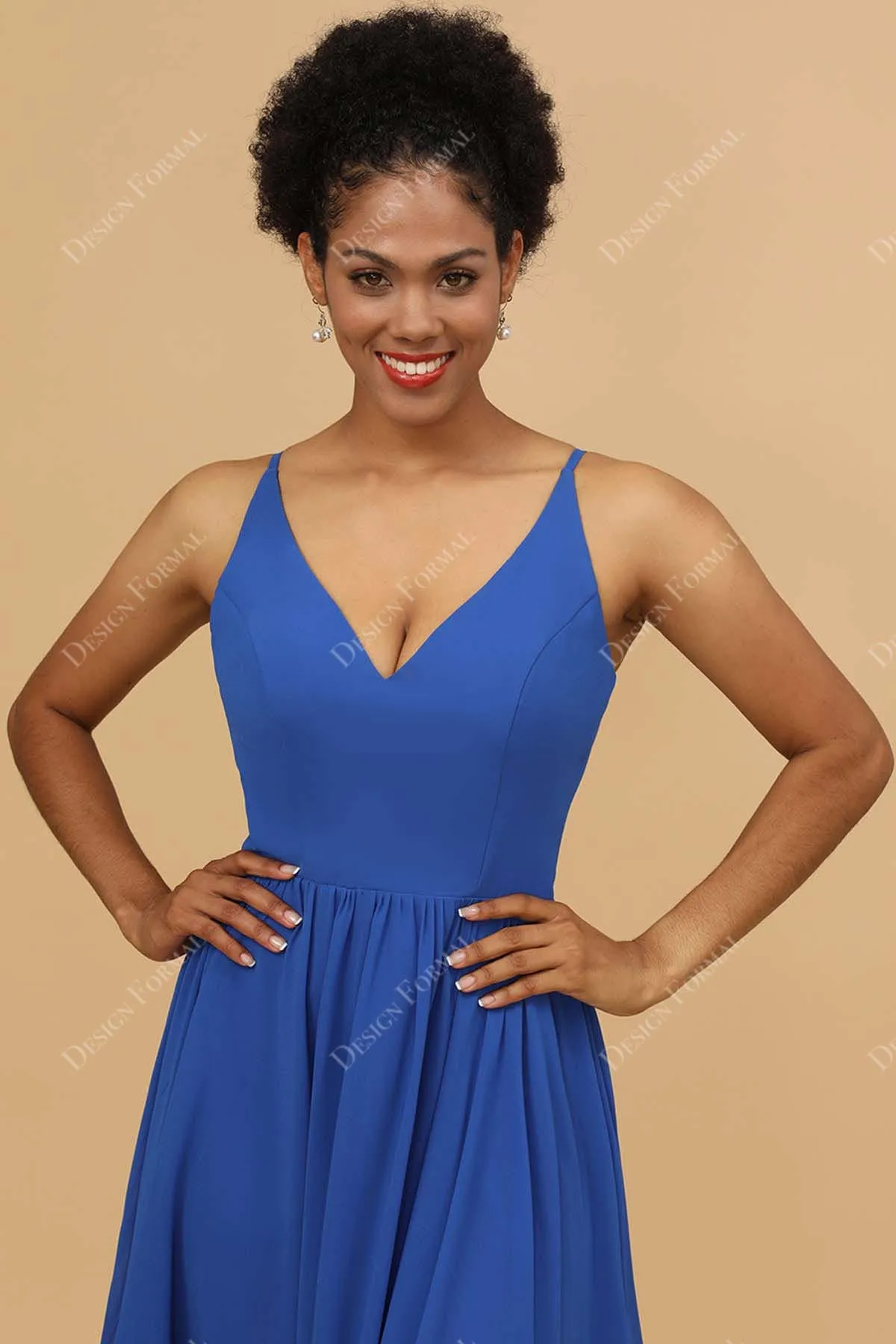 Blue V-neck Ankle Length Chiffon Custom Formal Dress