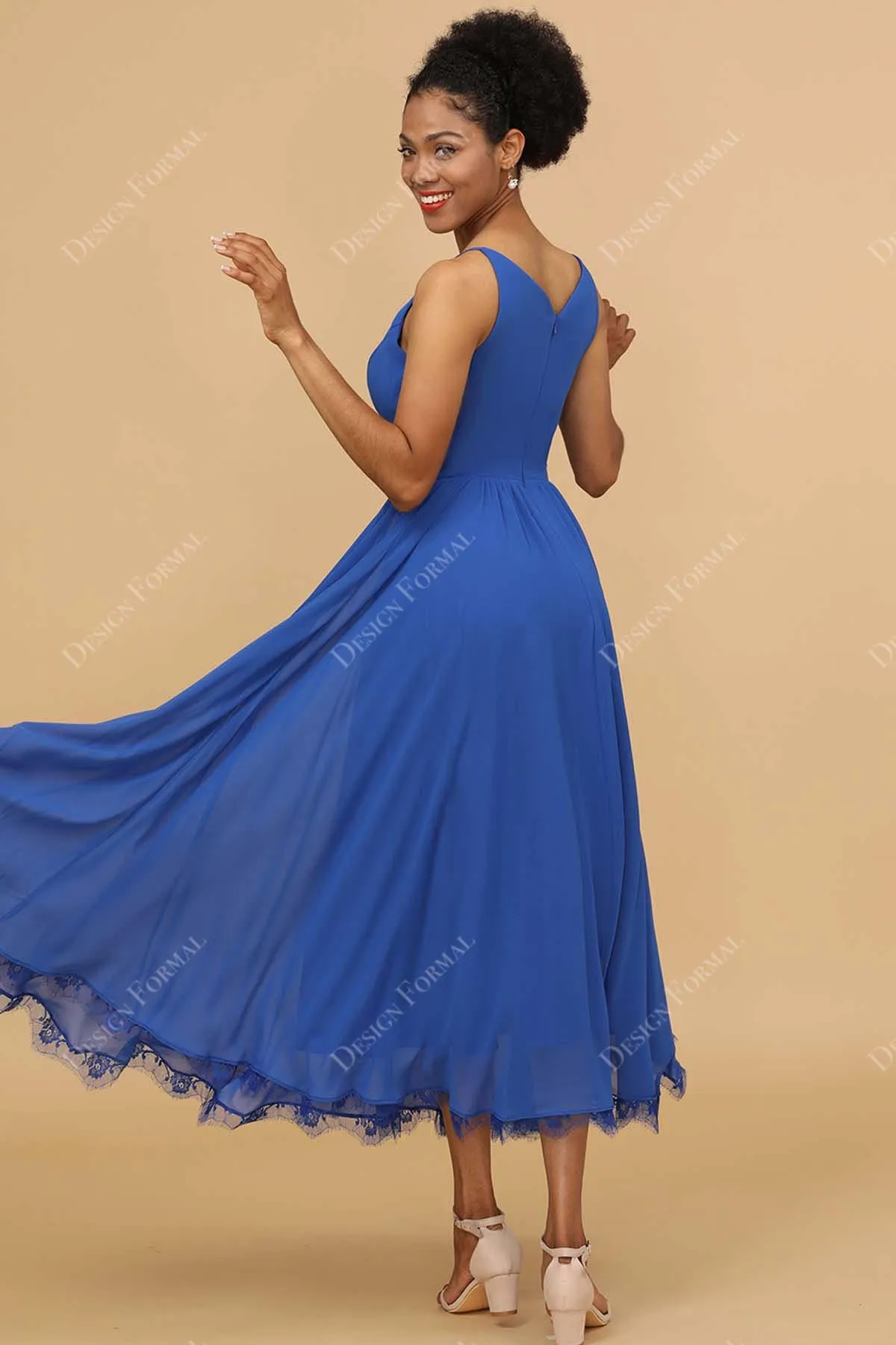 Blue V-neck Ankle Length Chiffon Custom Formal Dress