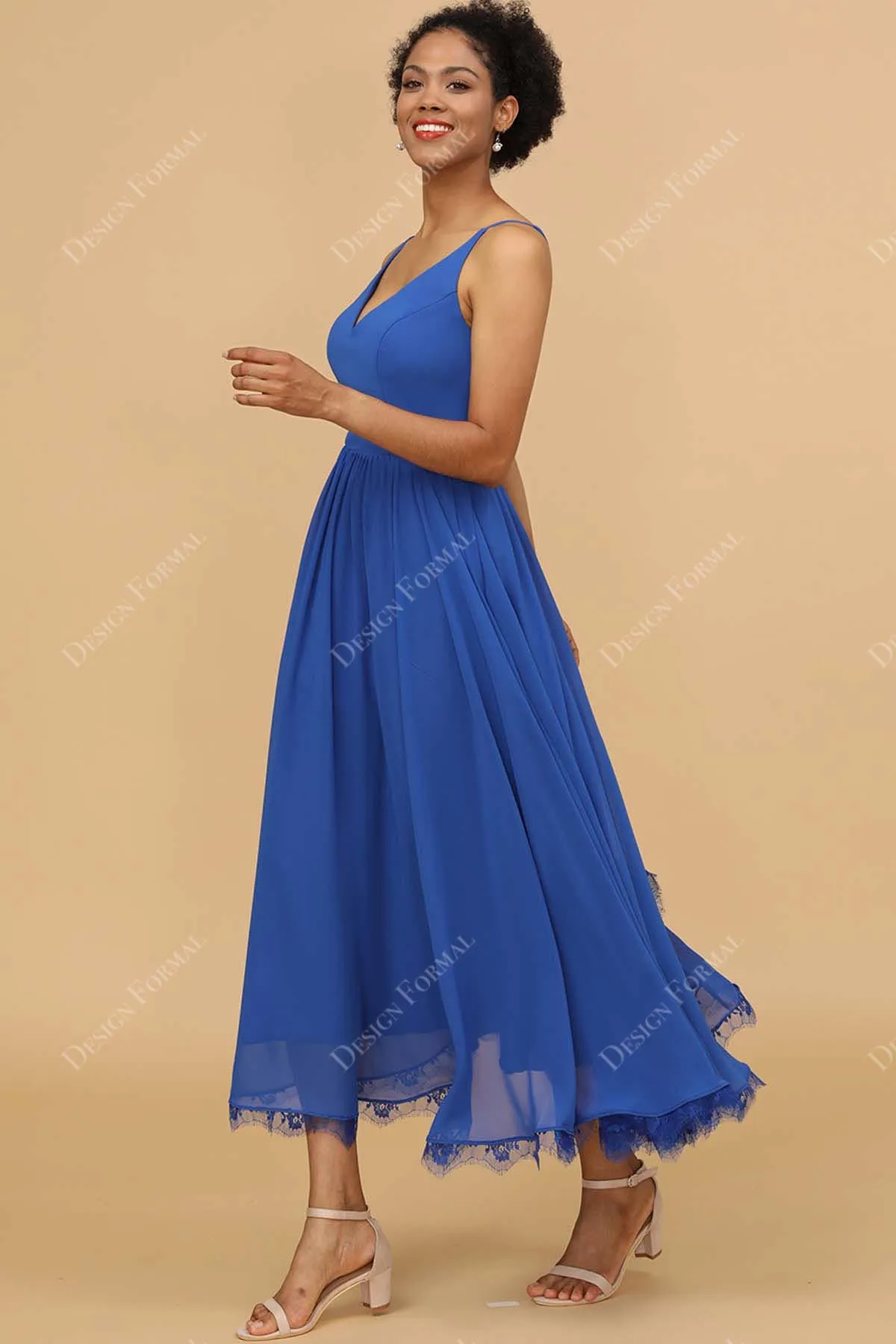 Blue V-neck Ankle Length Chiffon Custom Formal Dress