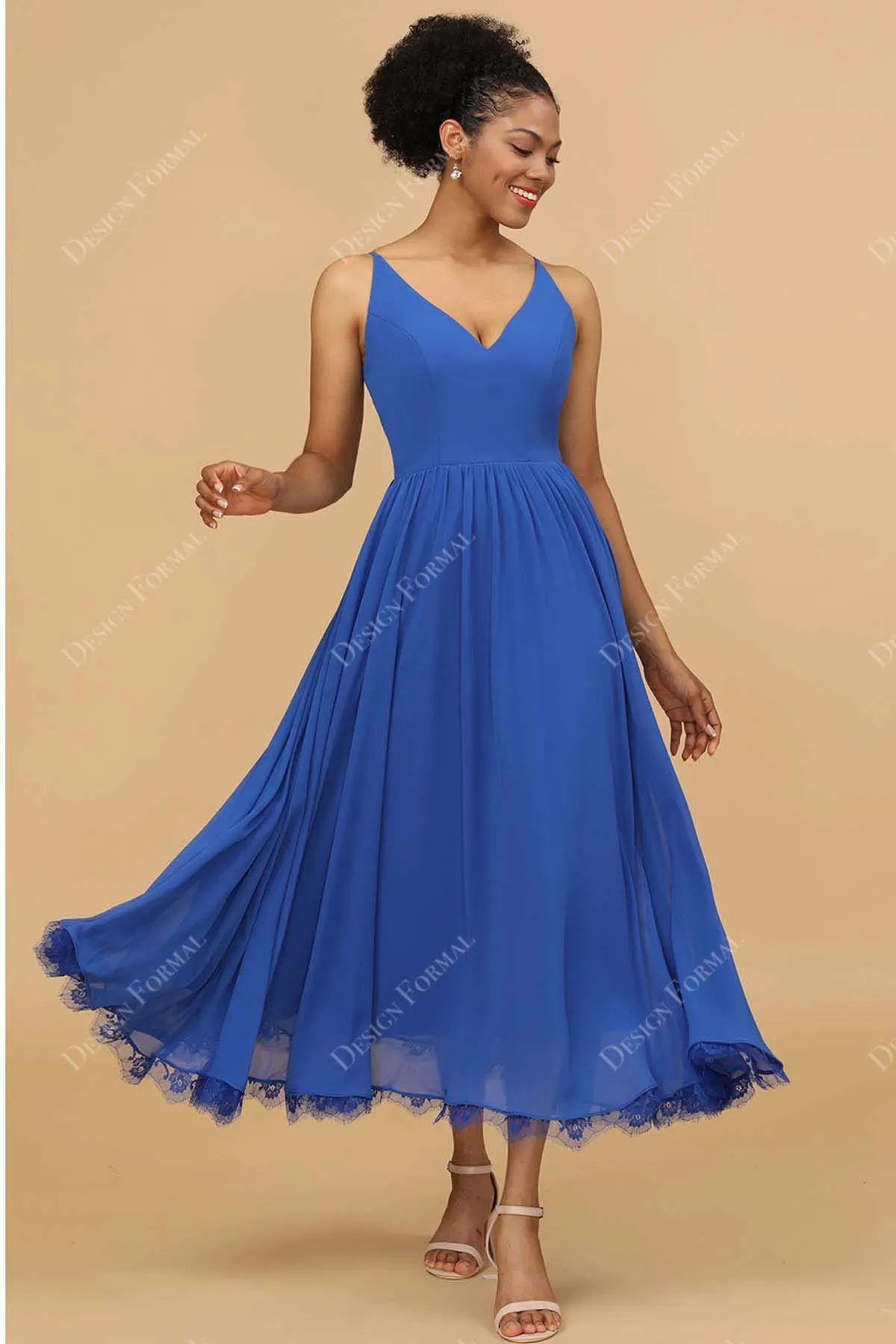 Blue V-neck Ankle Length Chiffon Custom Formal Dress