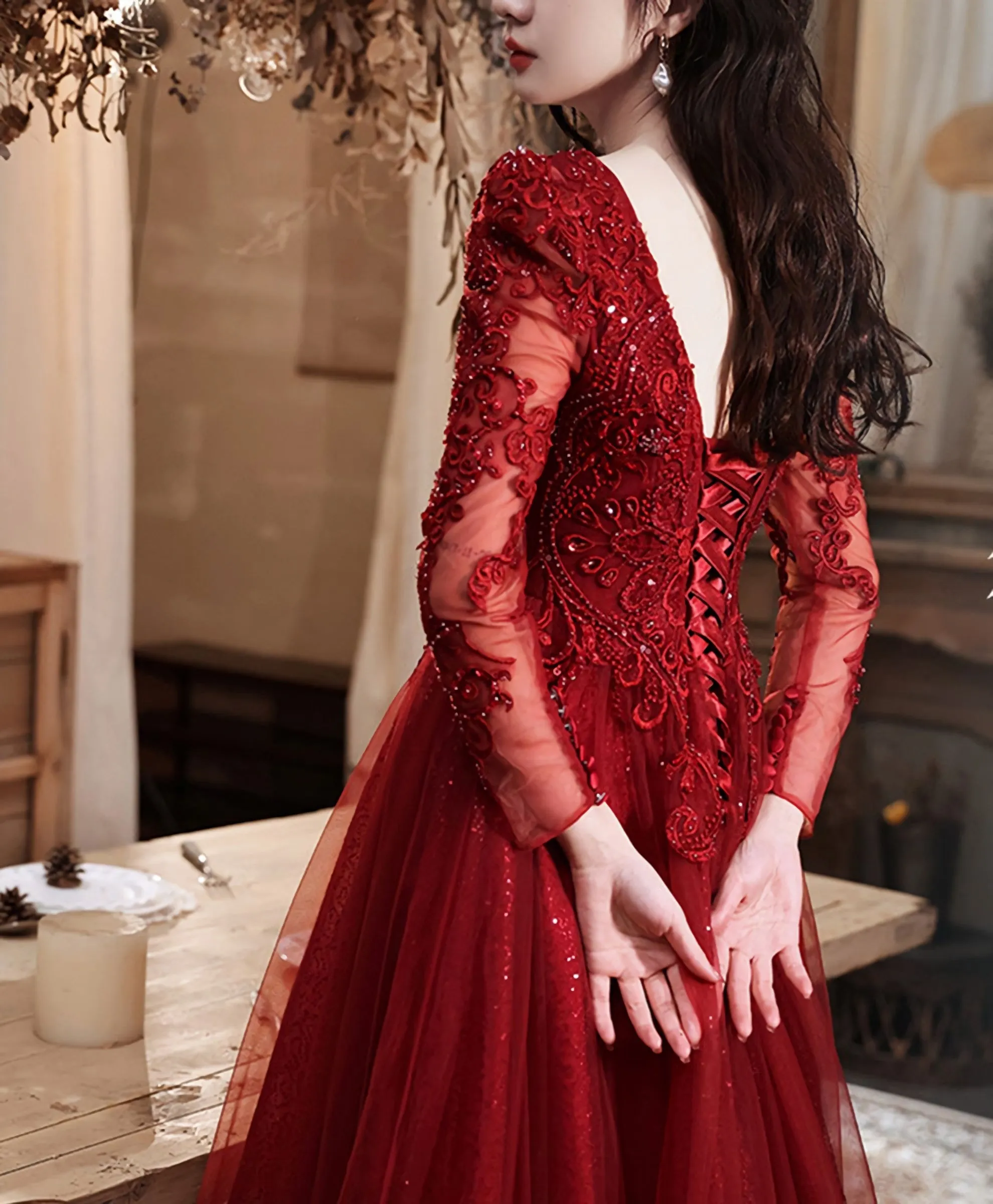 Burgundy Tulle Lace Long Prom Dress Burgundy Tulle Lace Evening Dress 2