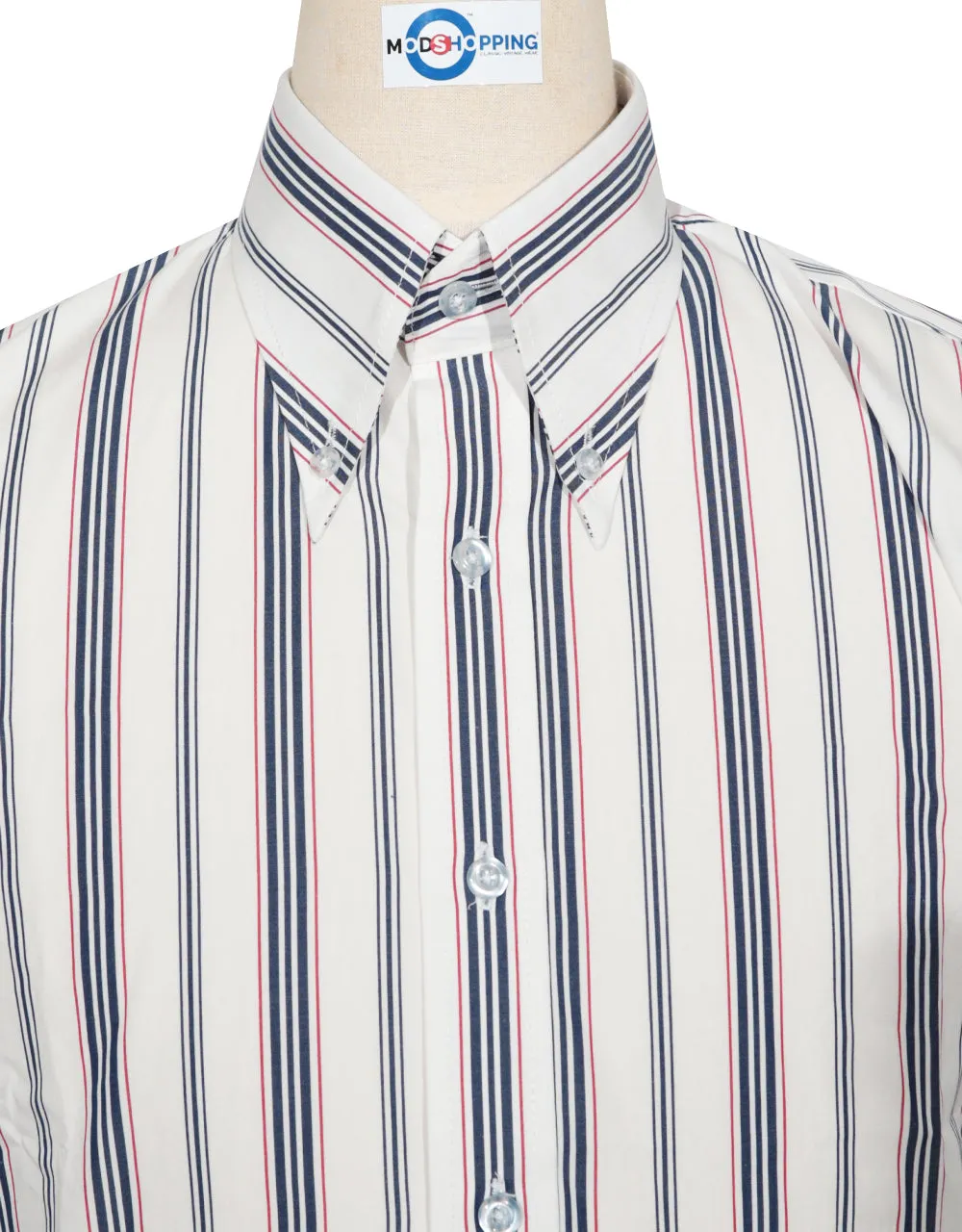 Button Down Shirt - White, Navy Blue and Red Stripe Shirt