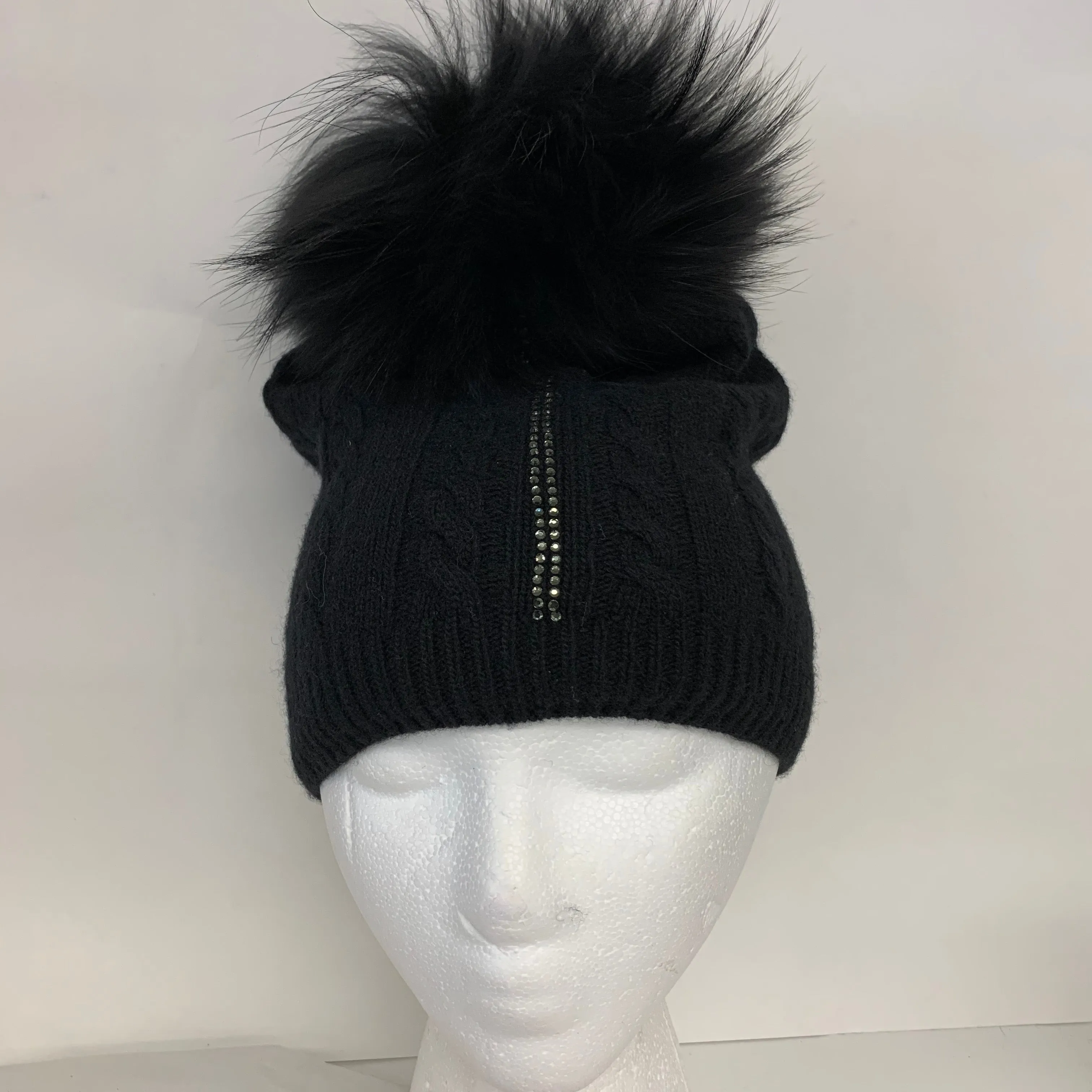 Cashmere & Rhinestone Cable Knit Lined Fur Beanie