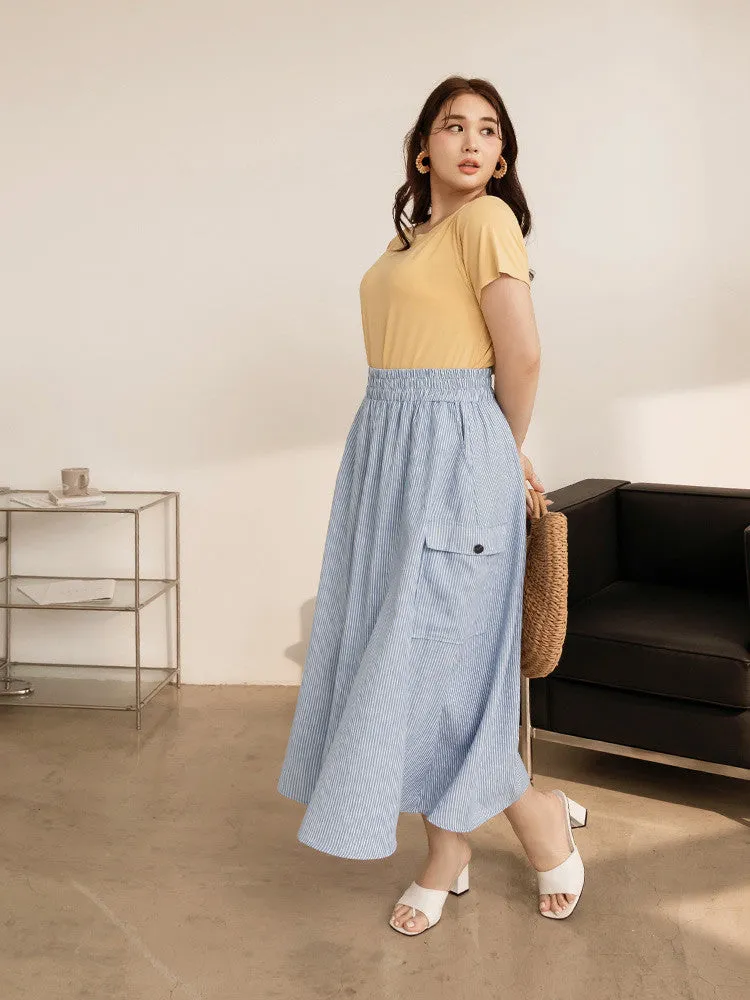 Casual Cotton Striped A-Line Elastic Waist Long Maxi Skirt