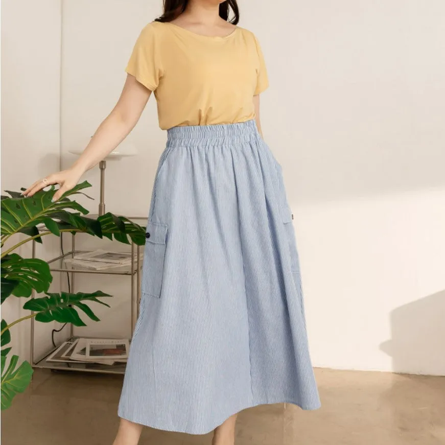 Casual Cotton Striped A-Line Elastic Waist Long Maxi Skirt