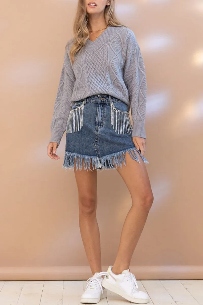 Casual Patchwork Tassel High Waist Skinny Denim Skirts