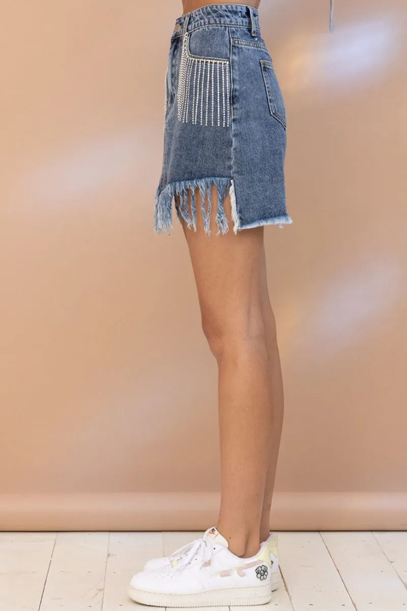 Casual Patchwork Tassel High Waist Skinny Denim Skirts