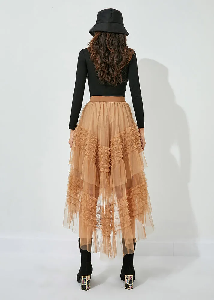 Casual Yellow Low High Design Patchwork Wrinkled Tulle Skirts Summer LY0851