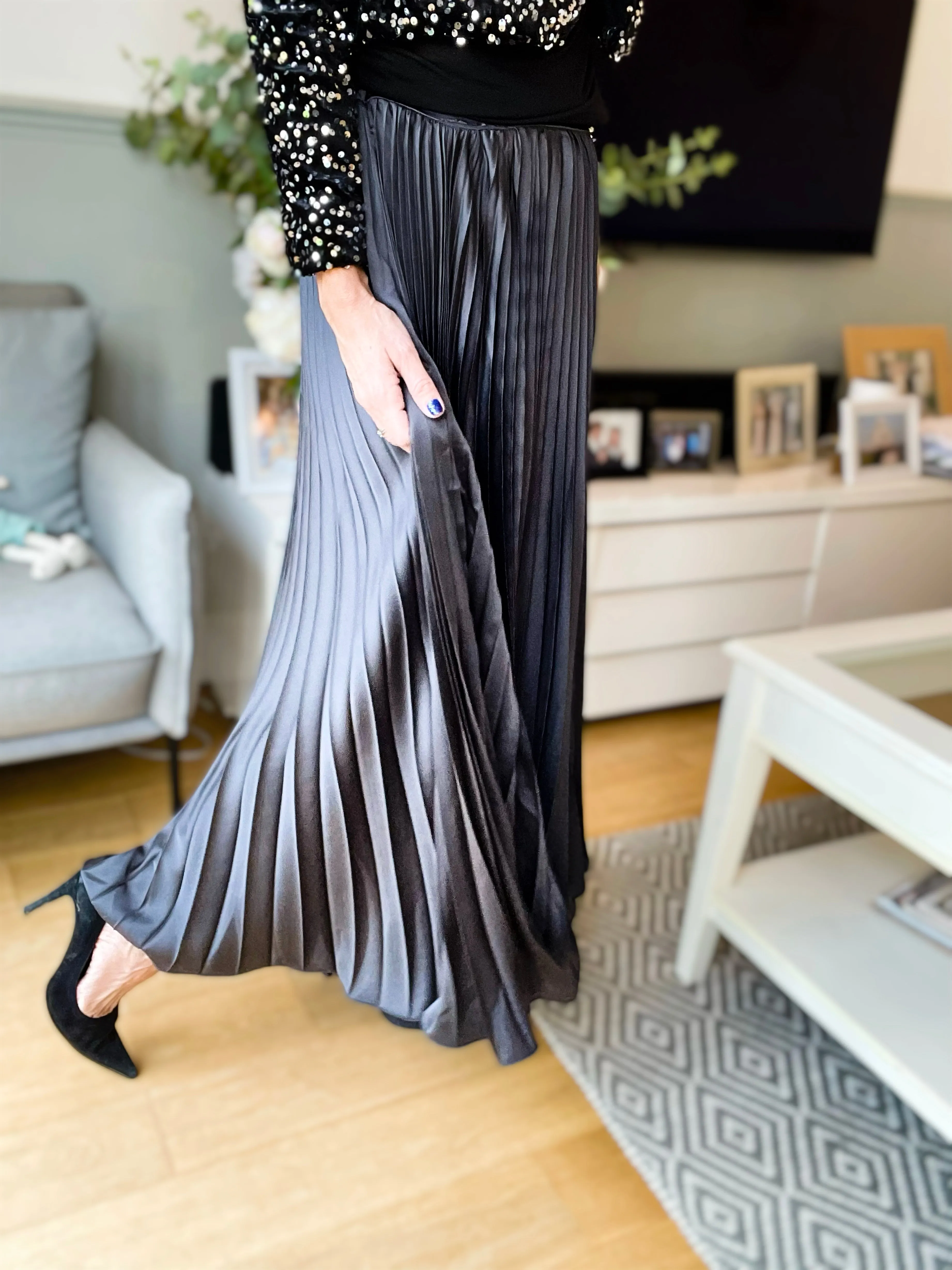 Charcoal Silky Pleated Skirt