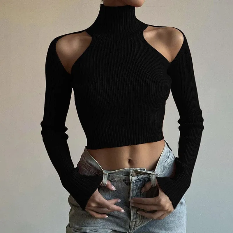 Chic Streetwear Vibes: Black Turtleneck Sweater with Off-Shoulder Hollow Out Design for Casual Elegance