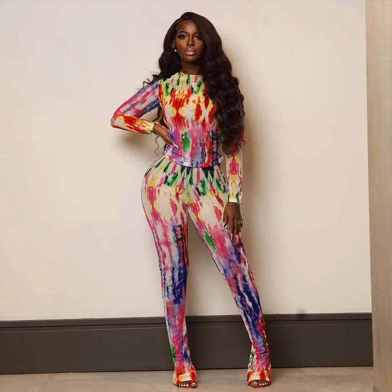 Colorful Mesh Long Sleeve Stacked Pants Set