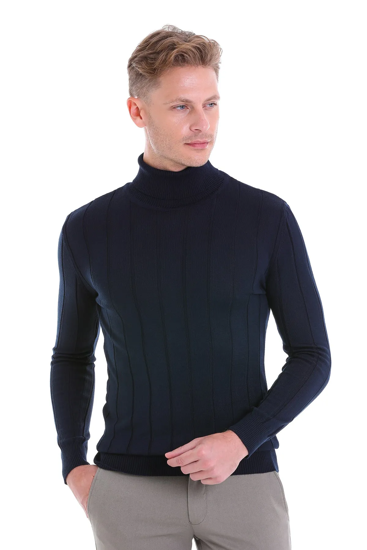 Comfort Fit Drop Needle Wool Blend Navy Turtleneck Sweater