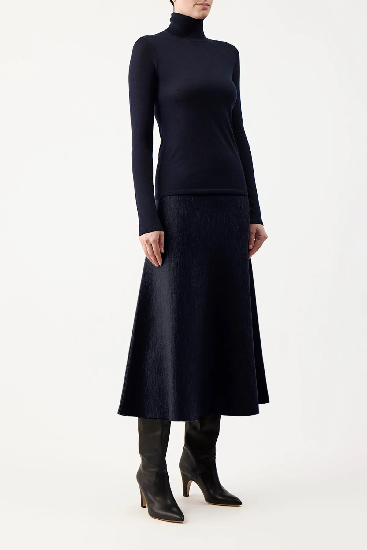 Costa Knit Turtleneck in Dark Navy Cashmere Silk