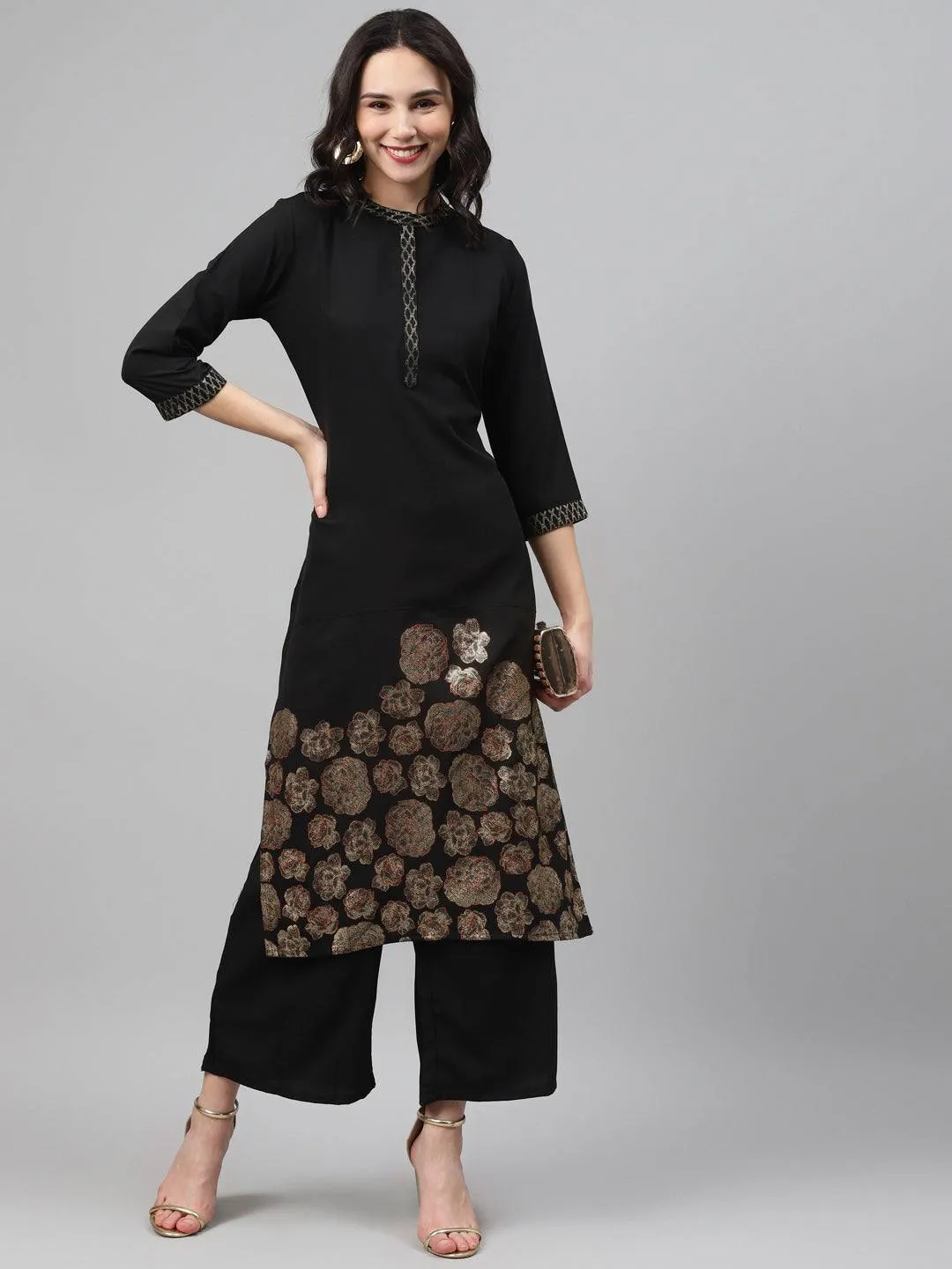 Crepe Black Gold Print Kurta