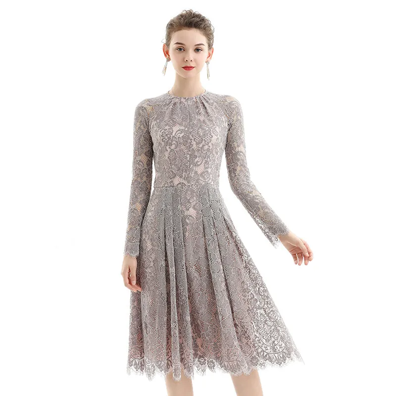 D080-4 Women peony flower scallop lace long sleeves flared pleated party midi dress