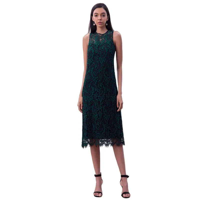 D098-4 Women Two-tone floral leaf eyelash lace sleeveless straight-cut party midi dress