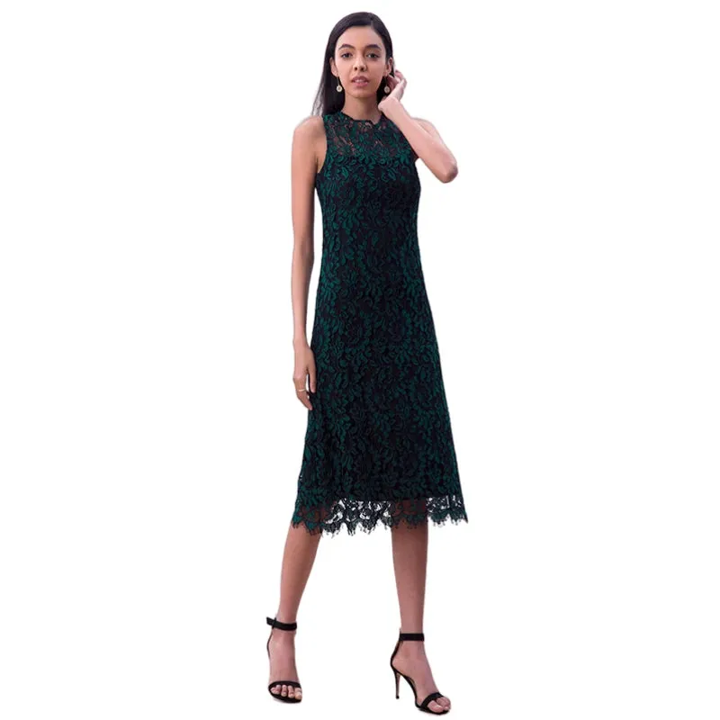 D098-4 Women Two-tone floral leaf eyelash lace sleeveless straight-cut party midi dress