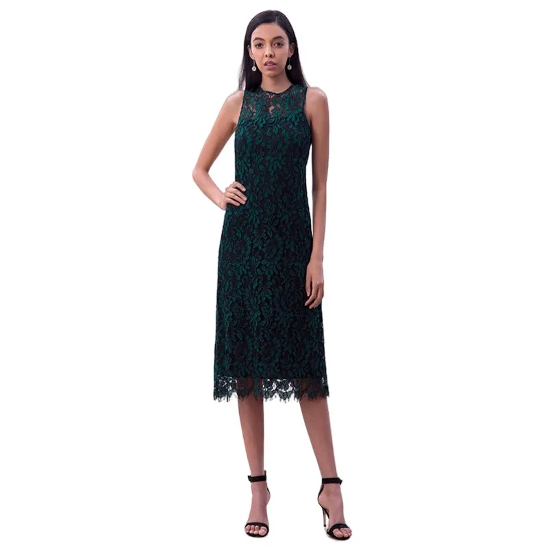 D098-4 Women Two-tone floral leaf eyelash lace sleeveless straight-cut party midi dress