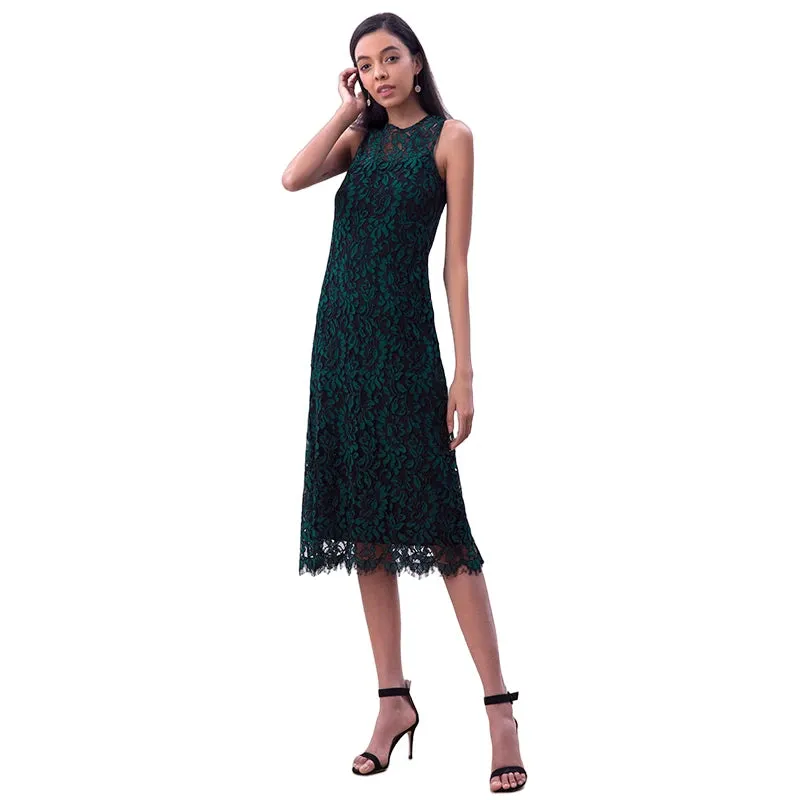 D098-4 Women Two-tone floral leaf eyelash lace sleeveless straight-cut party midi dress