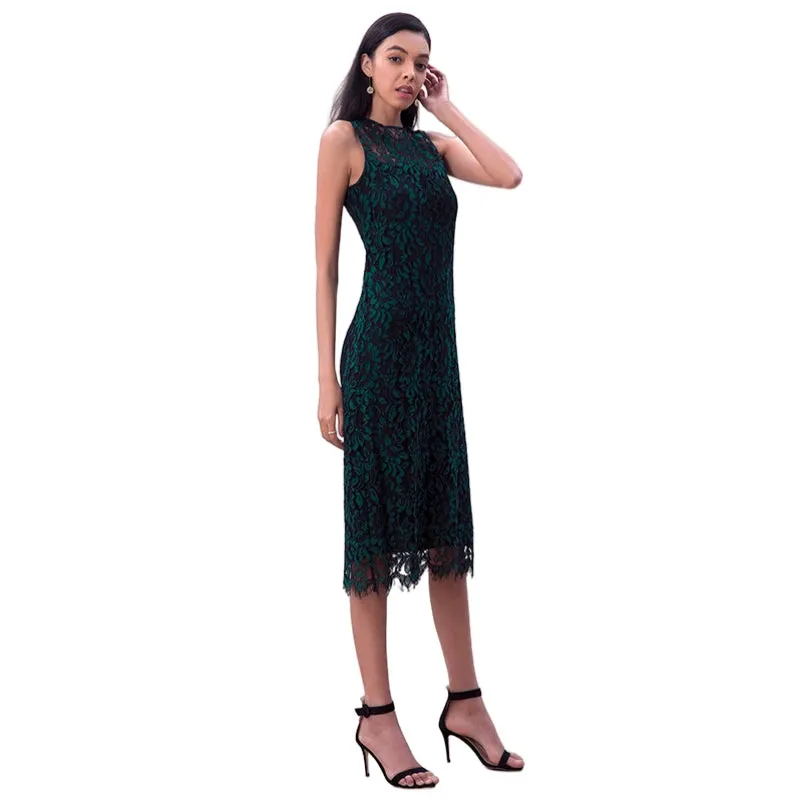 D098-4 Women Two-tone floral leaf eyelash lace sleeveless straight-cut party midi dress