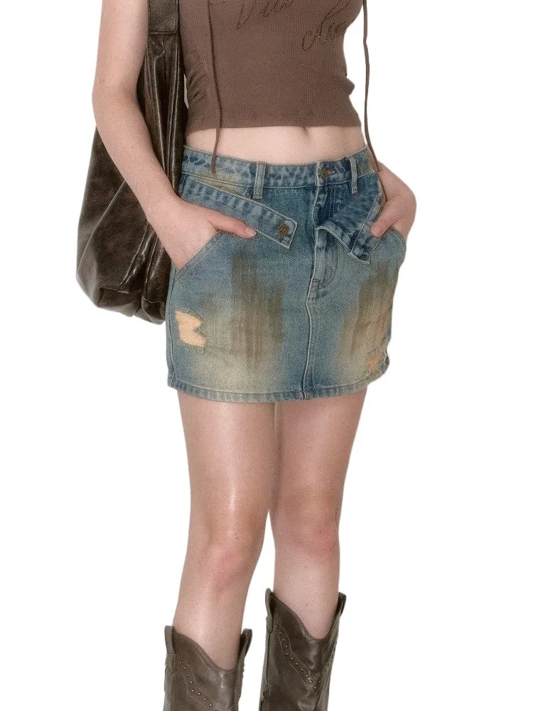 Denim Blue Distressed A-line Skirt