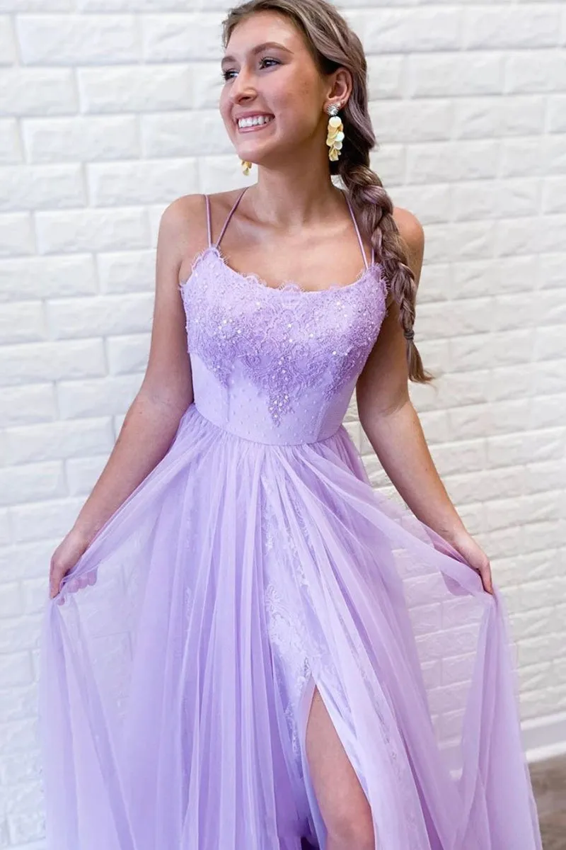 Elegant A Line Spaghetti Straps Purple Lace Long Prom Dress with High Slit, Purple Lace Formal Dress, Purple Evening Dress