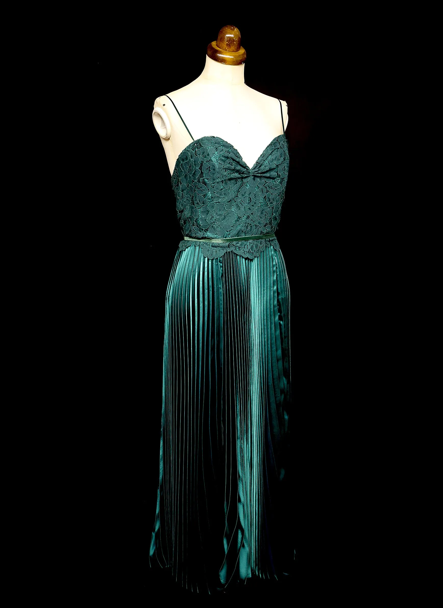 Emerald Green Pleated Satin Evening Dress