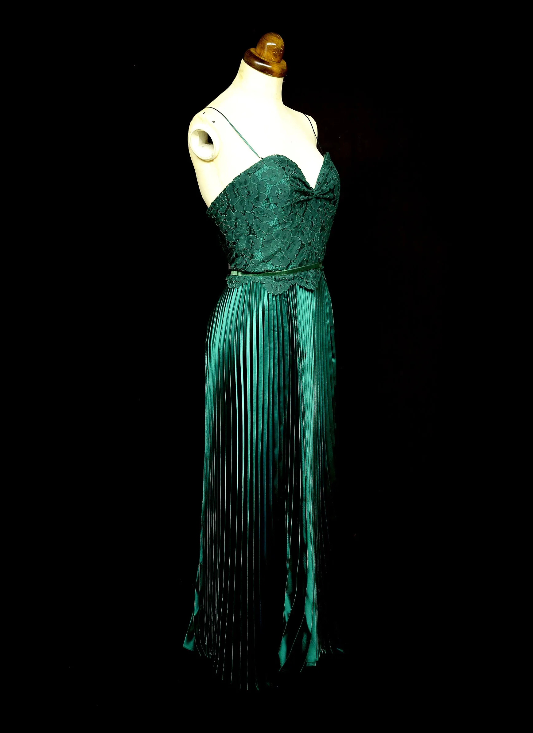 Emerald Green Pleated Satin Evening Dress