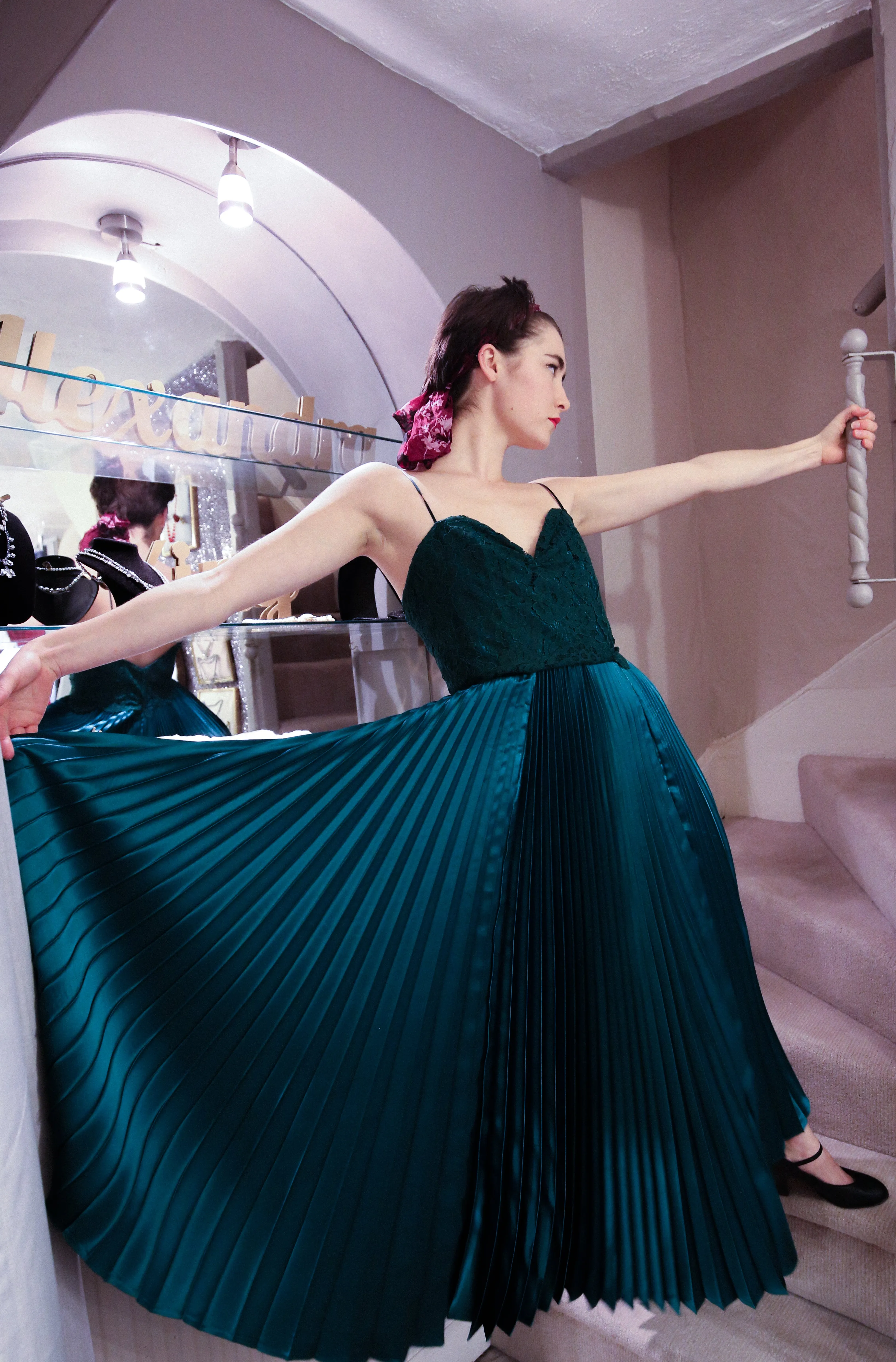 Emerald Green Pleated Satin Evening Dress