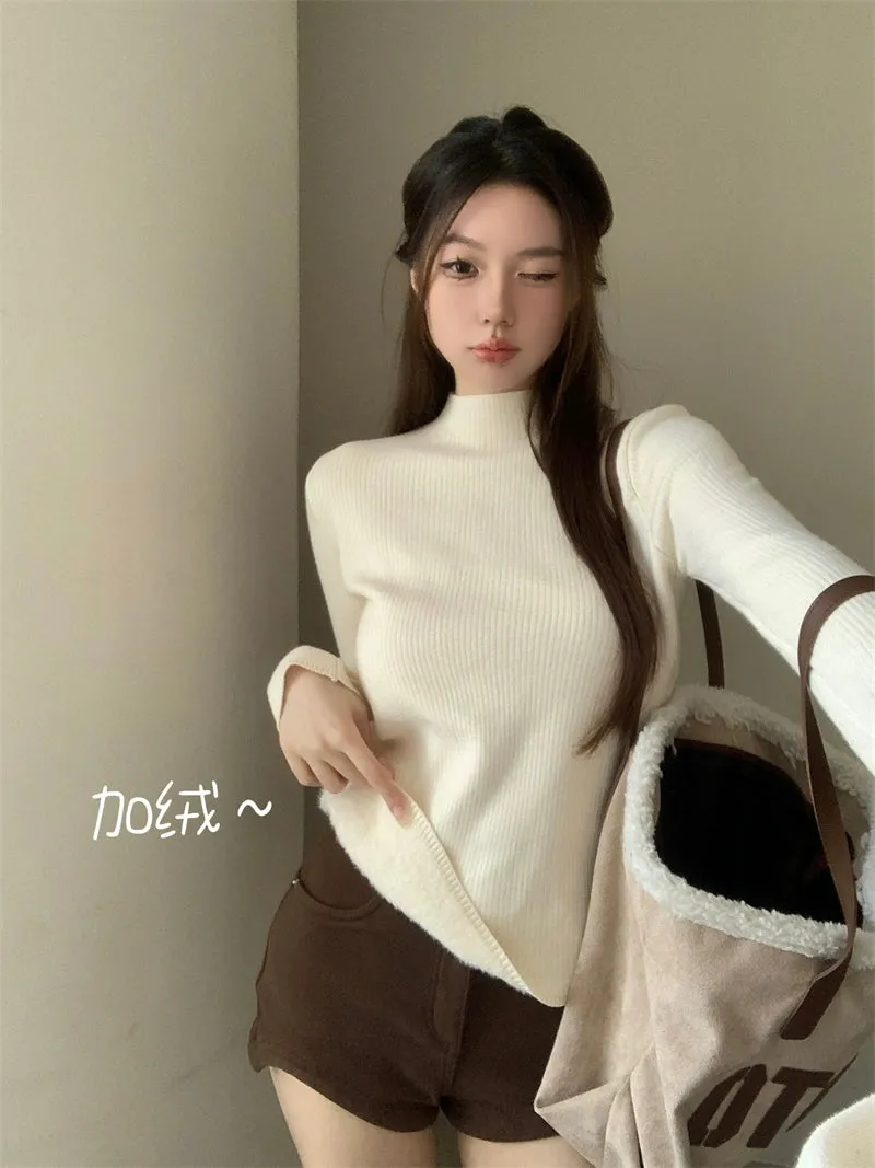 Fleece and thickened semi-turtleneck knitwear sweater