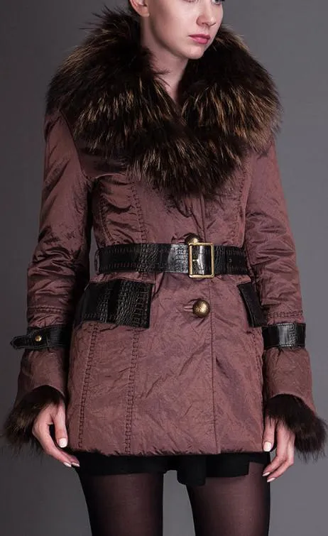 Fur-Collar Belted Short Down Coat